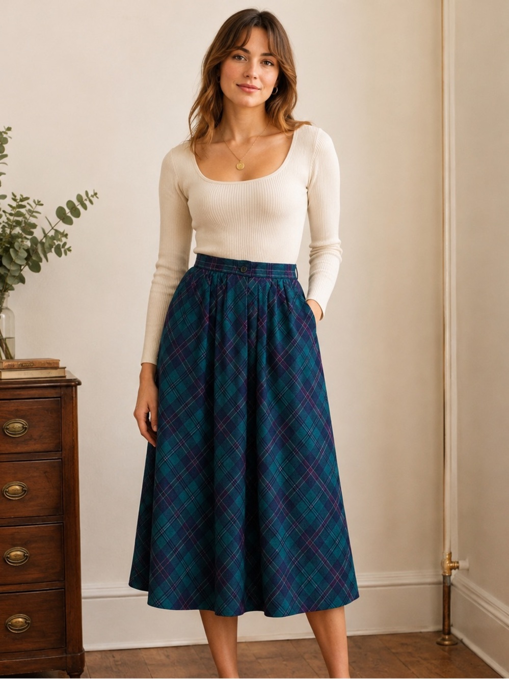Vintage Pendleton Wool Skirt Size 8 Blue Green Plaid Midi A-Line Made in USA